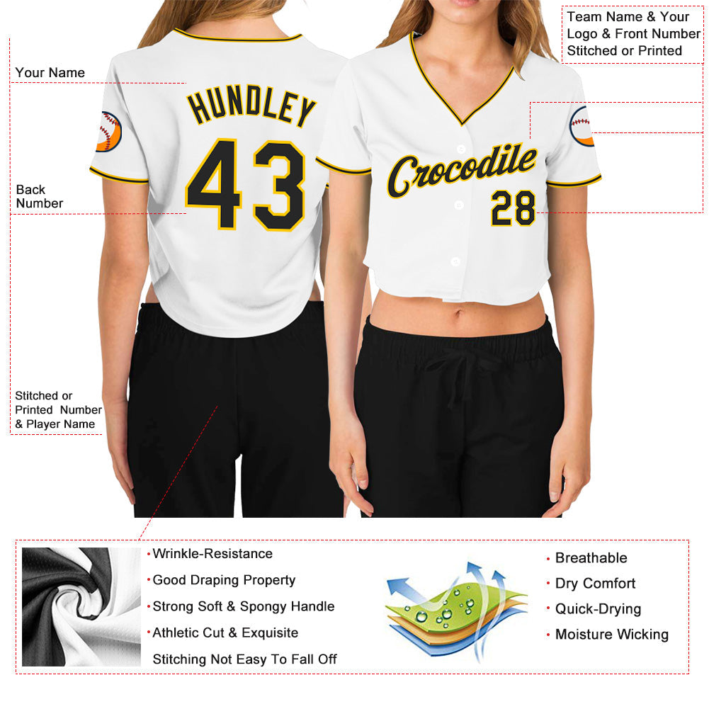 Custom Women's White Black-Gold V-Neck Cropped Baseball Jersey view 3