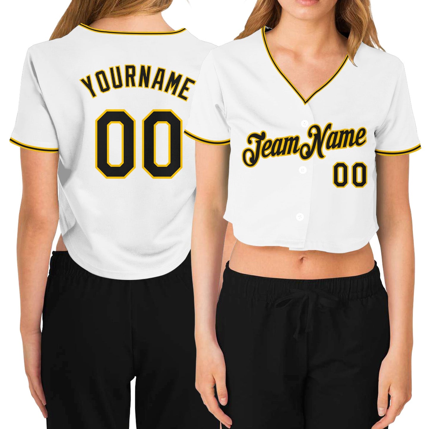 Custom Women's White Black-Gold V-Neck Cropped Baseball Jersey - Main View