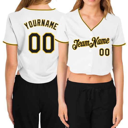 Custom Women's White Black-Gold V-Neck Cropped Baseball Jersey - Main View