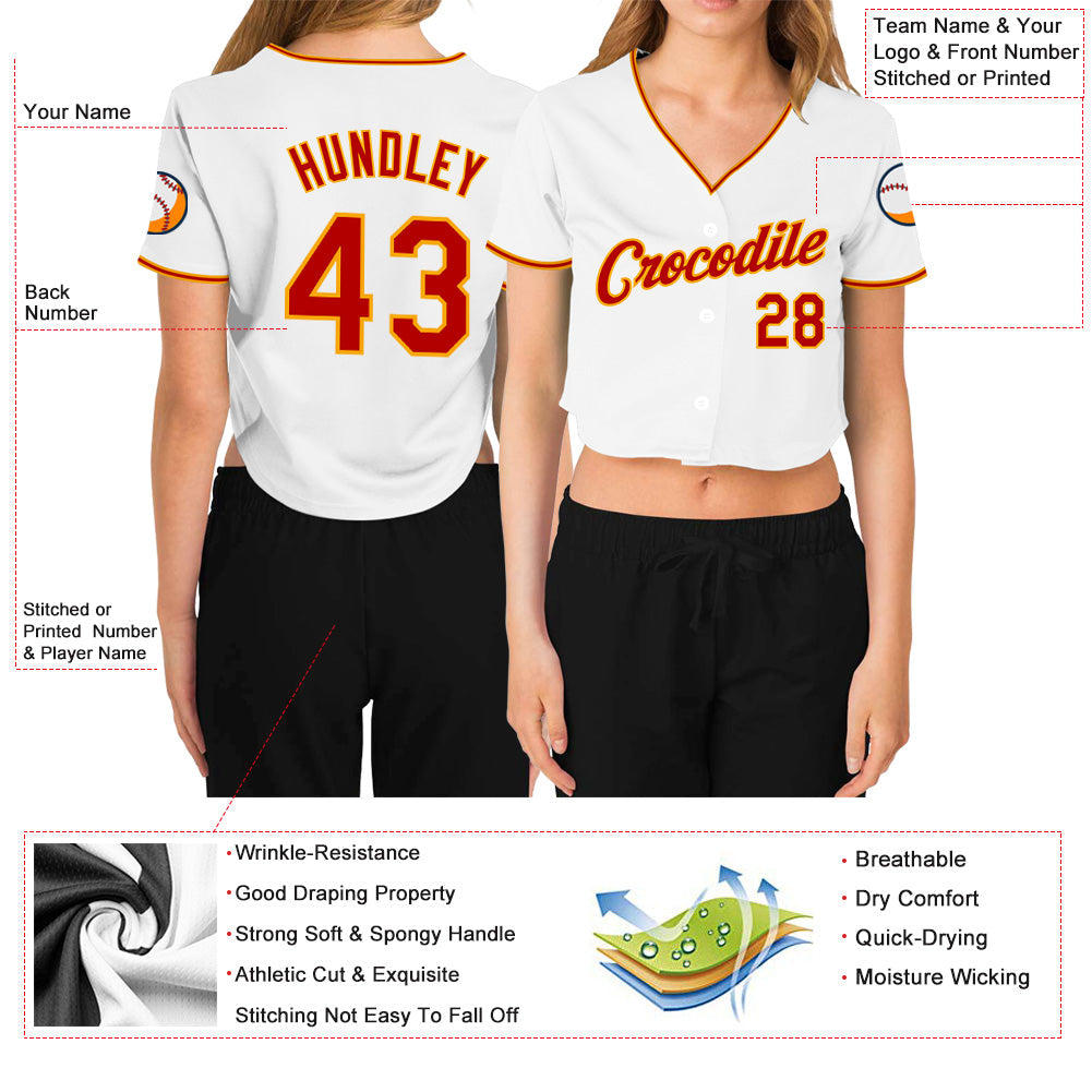 Custom Women's White Red-Gold V-Neck Cropped Baseball Jersey view 3