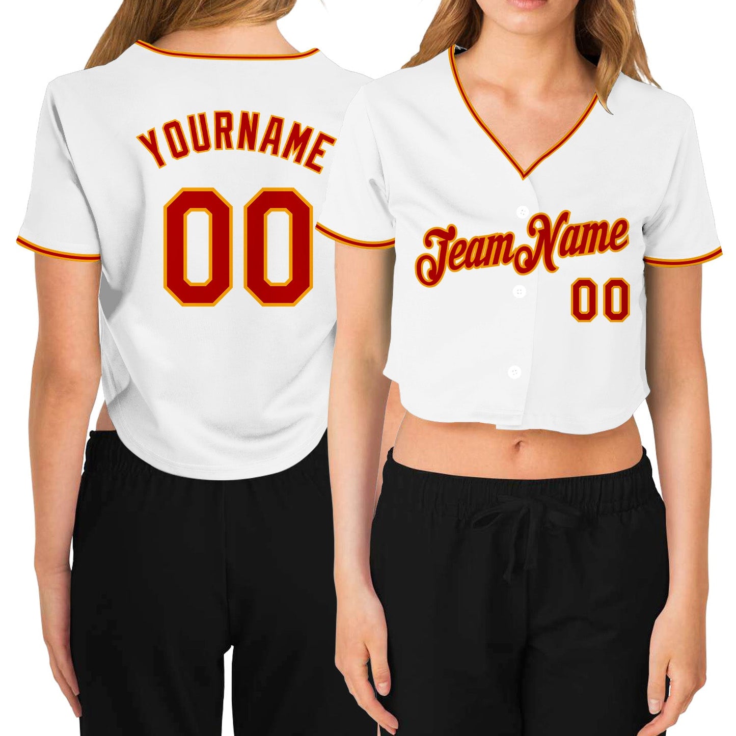 Custom Women's White Red-Gold V-Neck Cropped Baseball Jersey - Main View