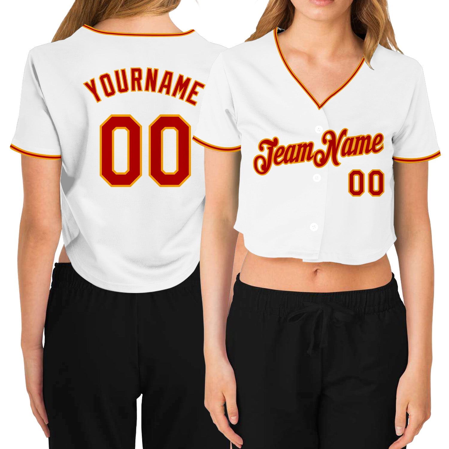 Custom Women's White Red-Gold V-Neck Cropped Baseball Jersey - Main View
