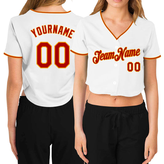Custom Women's White Red-Gold V-Neck Cropped Baseball Jersey - Main View
