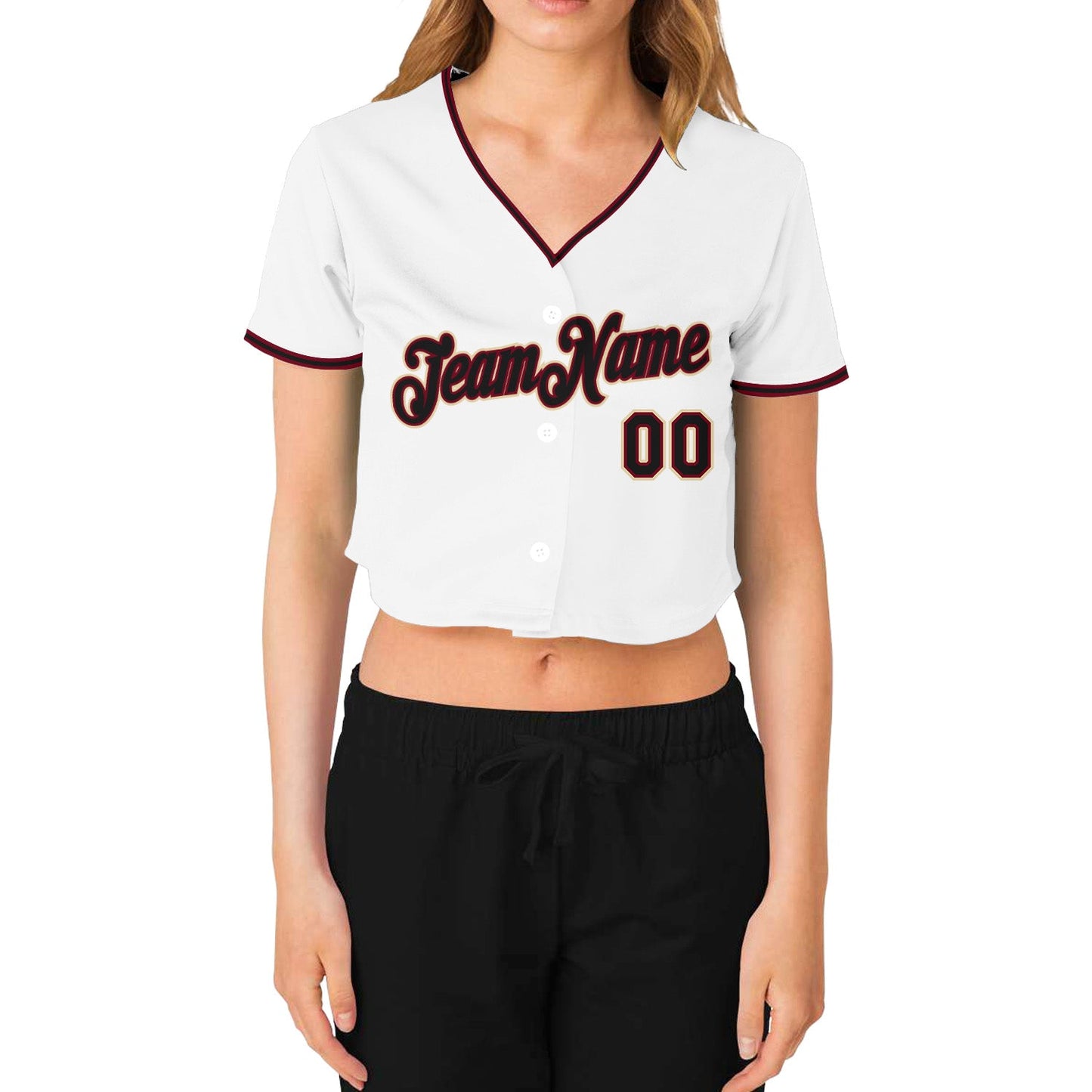 Custom Women's White Black Crimson-Cream V-Neck Cropped Baseball Jersey view 2