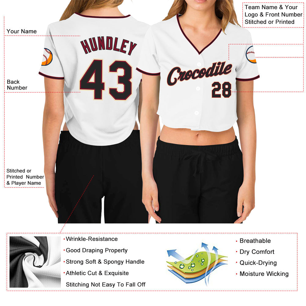 Custom Women's White Black Crimson-Cream V-Neck Cropped Baseball Jersey view 3