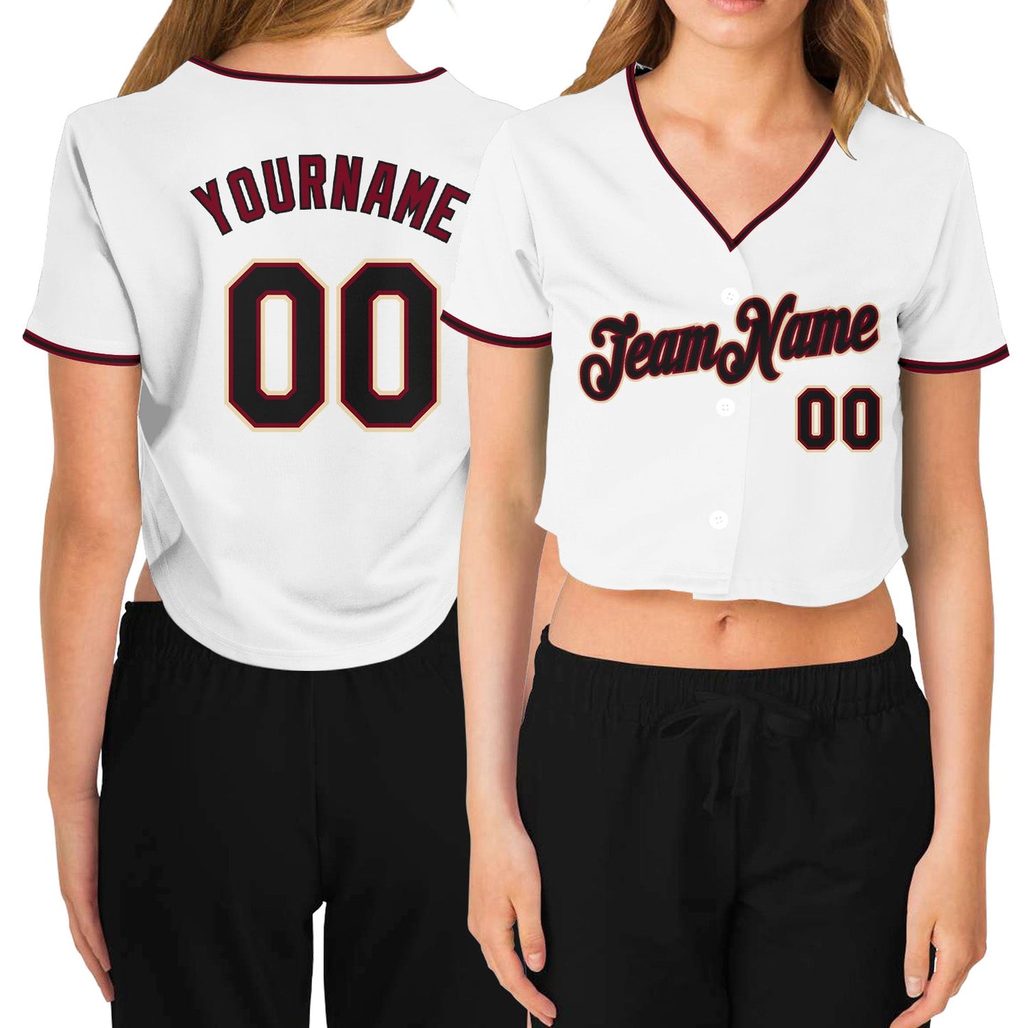 Custom Women's White Black Crimson-Cream V-Neck Cropped Baseball Jersey - Main View