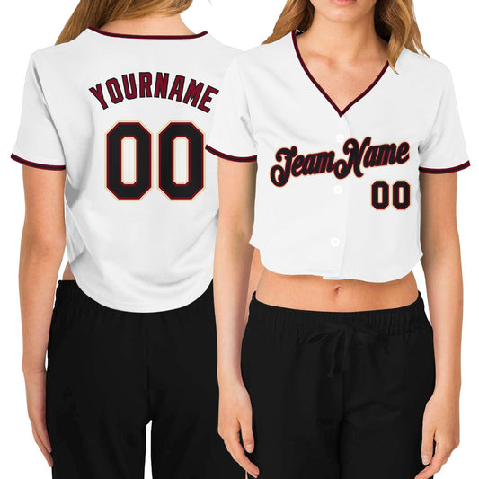 Custom Women's White Black Crimson-Cream V-Neck Cropped Baseball Jersey - Main View