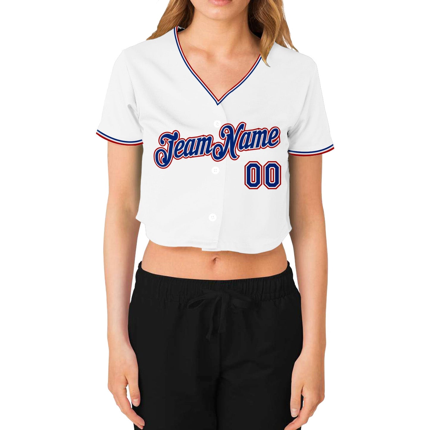 Custom Women's White Royal-Red V-Neck Cropped Baseball Jersey view 2