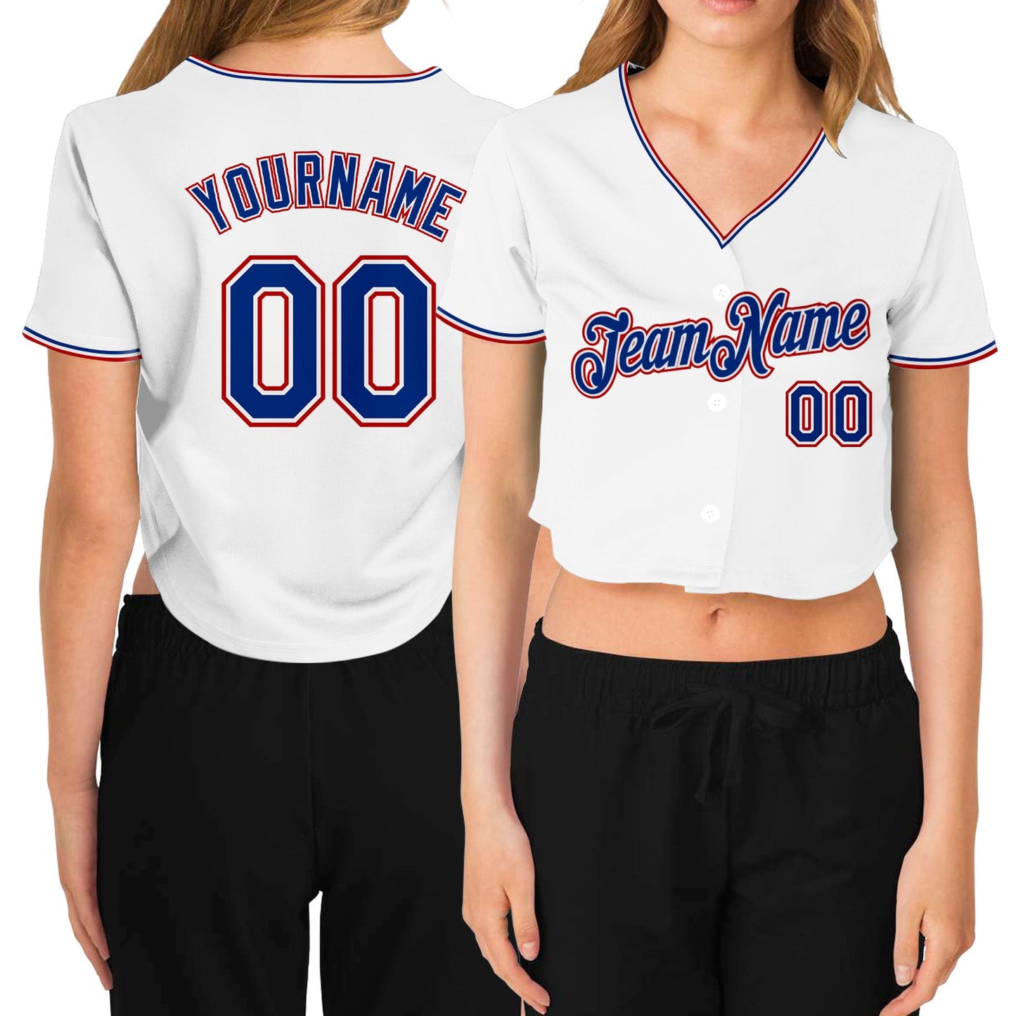 Custom Women's White Royal-Red V-Neck Cropped Baseball Jersey - Main View