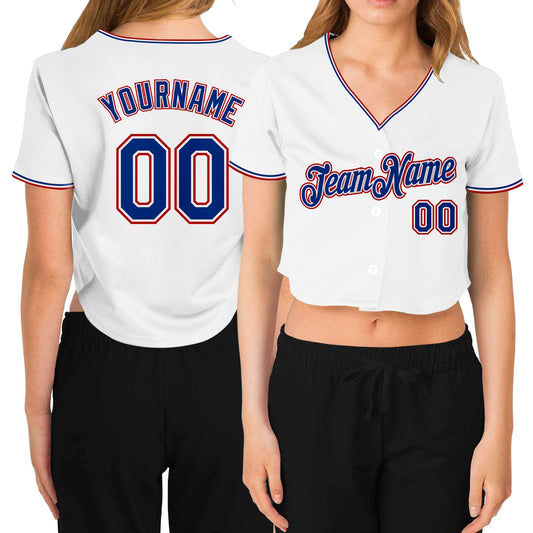 Custom Women's White Royal-Red V-Neck Cropped Baseball Jersey - Main View