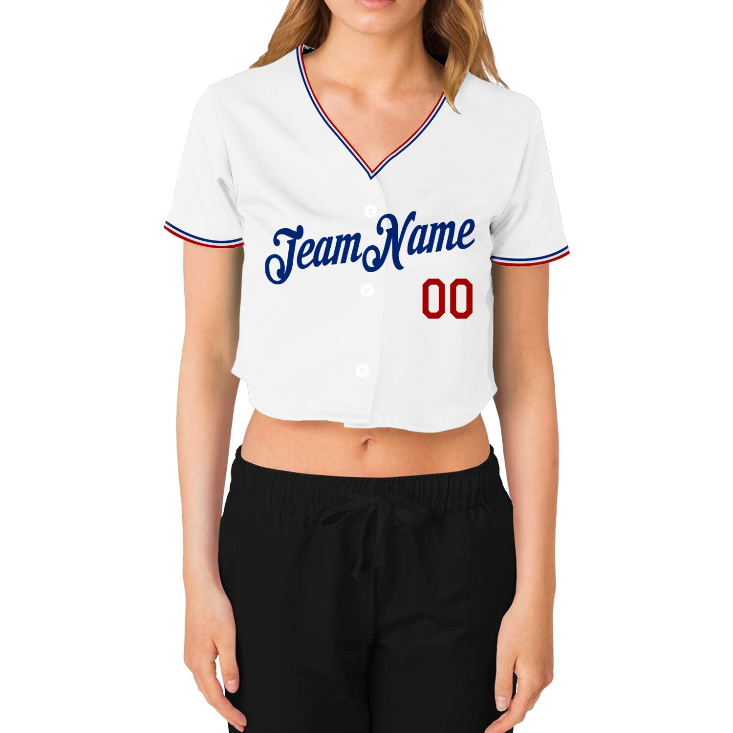 Custom Women's White Red-Royal V-Neck Cropped Baseball Jersey view 2