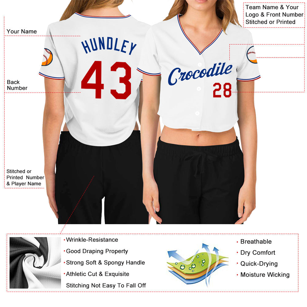Custom Women's White Red-Royal V-Neck Cropped Baseball Jersey view 3
