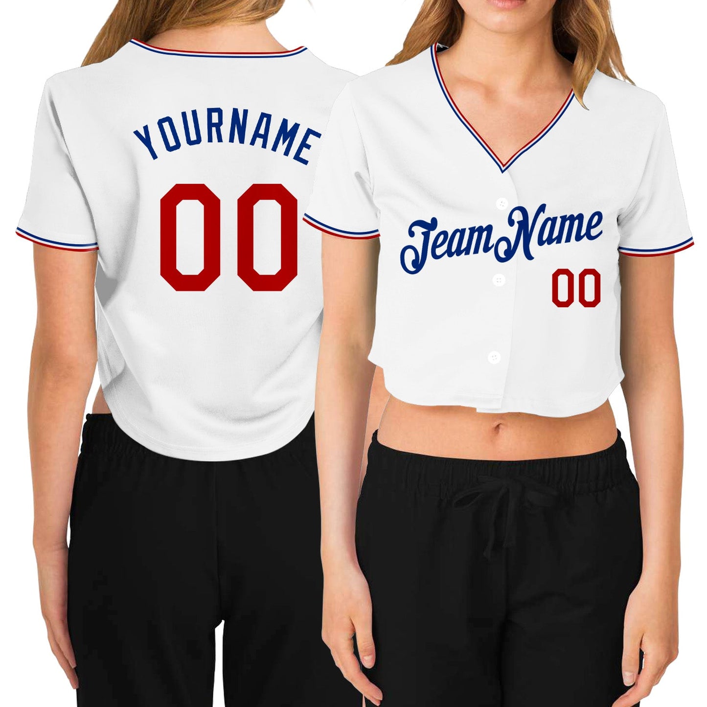 Custom Women's White Red-Royal V-Neck Cropped Baseball Jersey - Main View