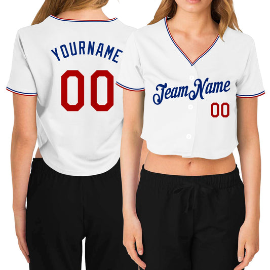Custom Women's White Red-Royal V-Neck Cropped Baseball Jersey - Main View