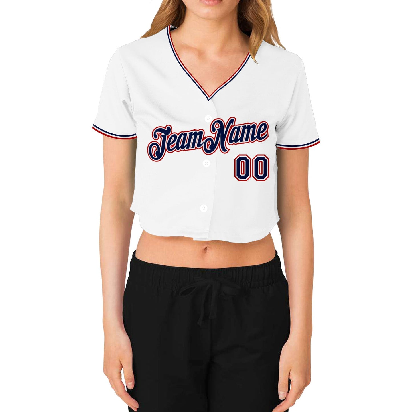 Custom Women's White Navy-Red V-Neck Cropped Baseball Jersey view 2