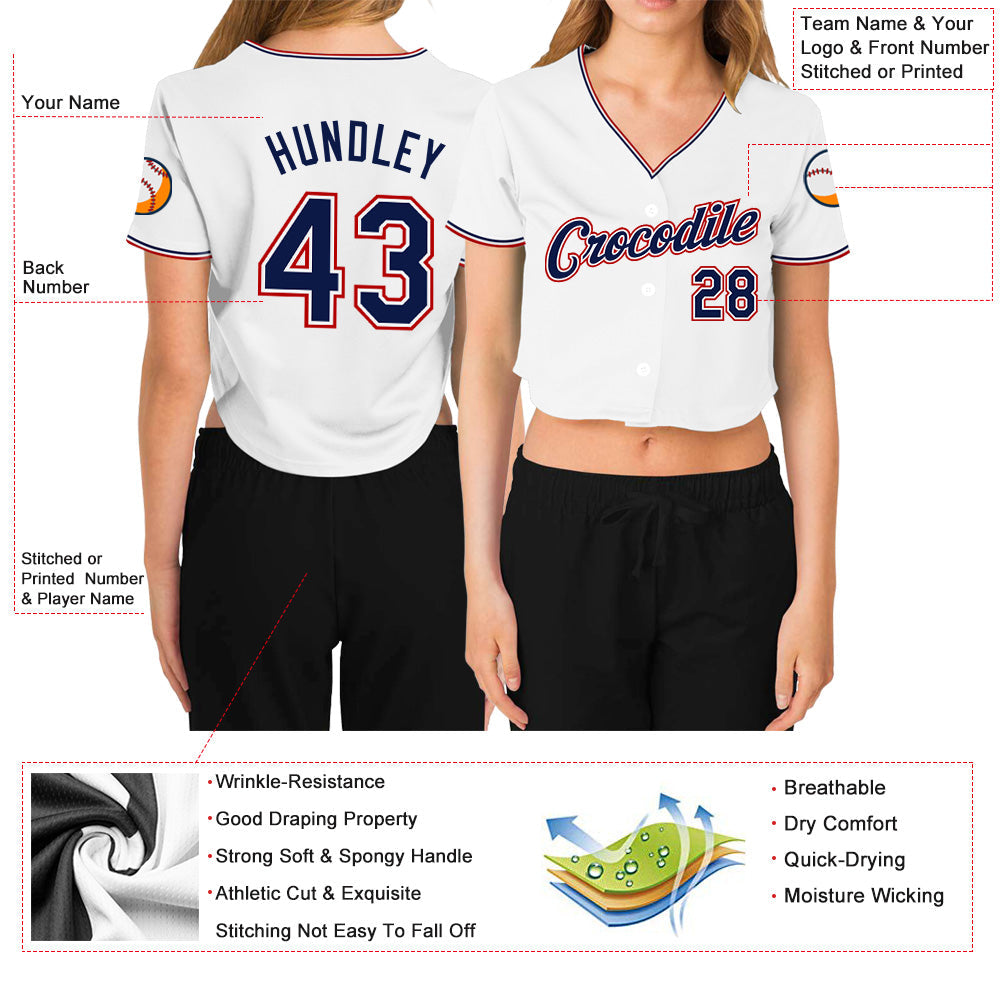 Custom Women's White Navy-Red V-Neck Cropped Baseball Jersey view 3
