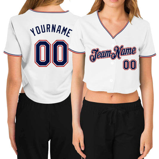 Custom Women's White Navy-Red V-Neck Cropped Baseball Jersey - Main View