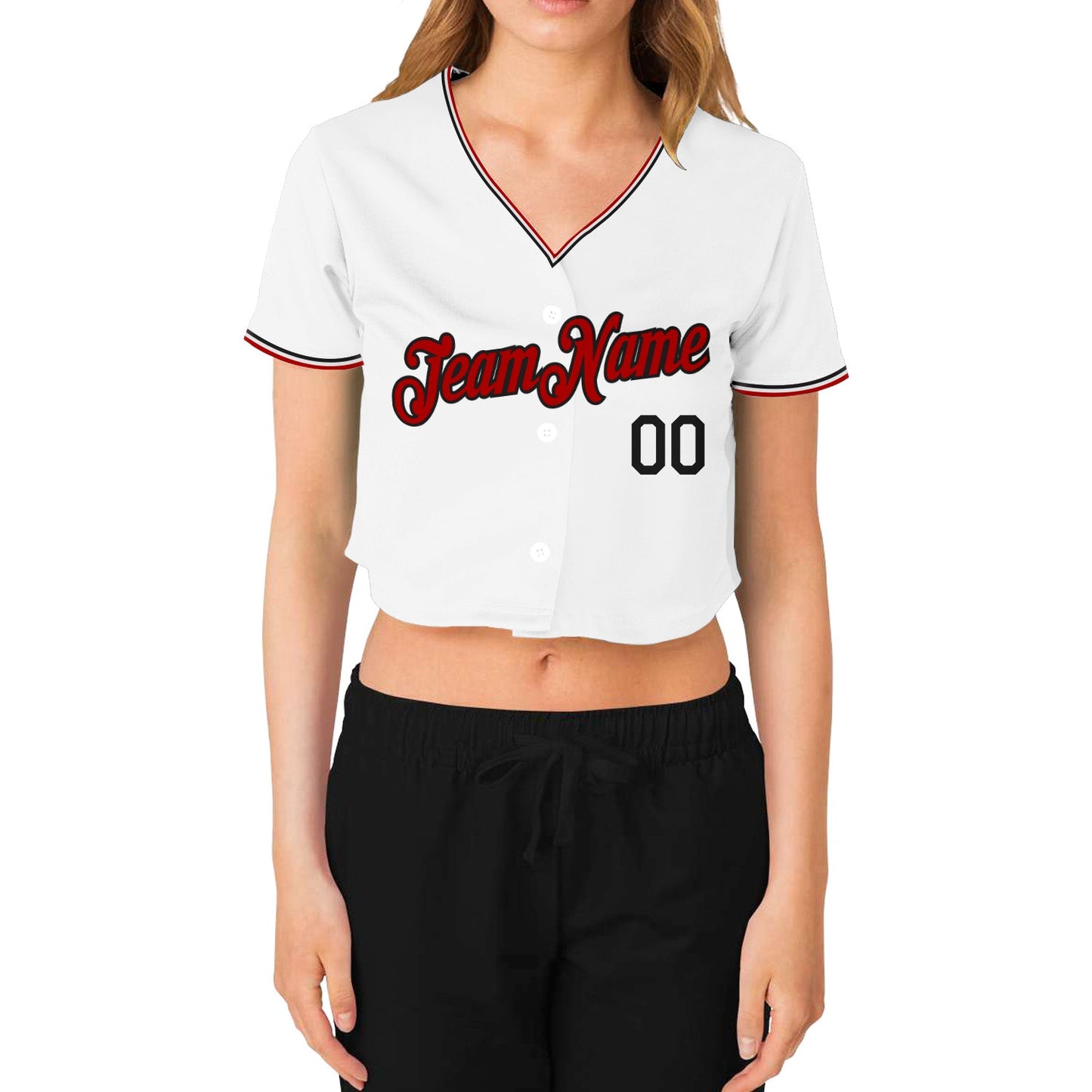 Custom Women's White Red-Black V-Neck Cropped Baseball Jersey view 2