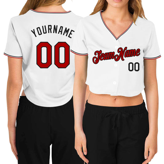 Custom Women's White Red-Black V-Neck Cropped Baseball Jersey - Main View