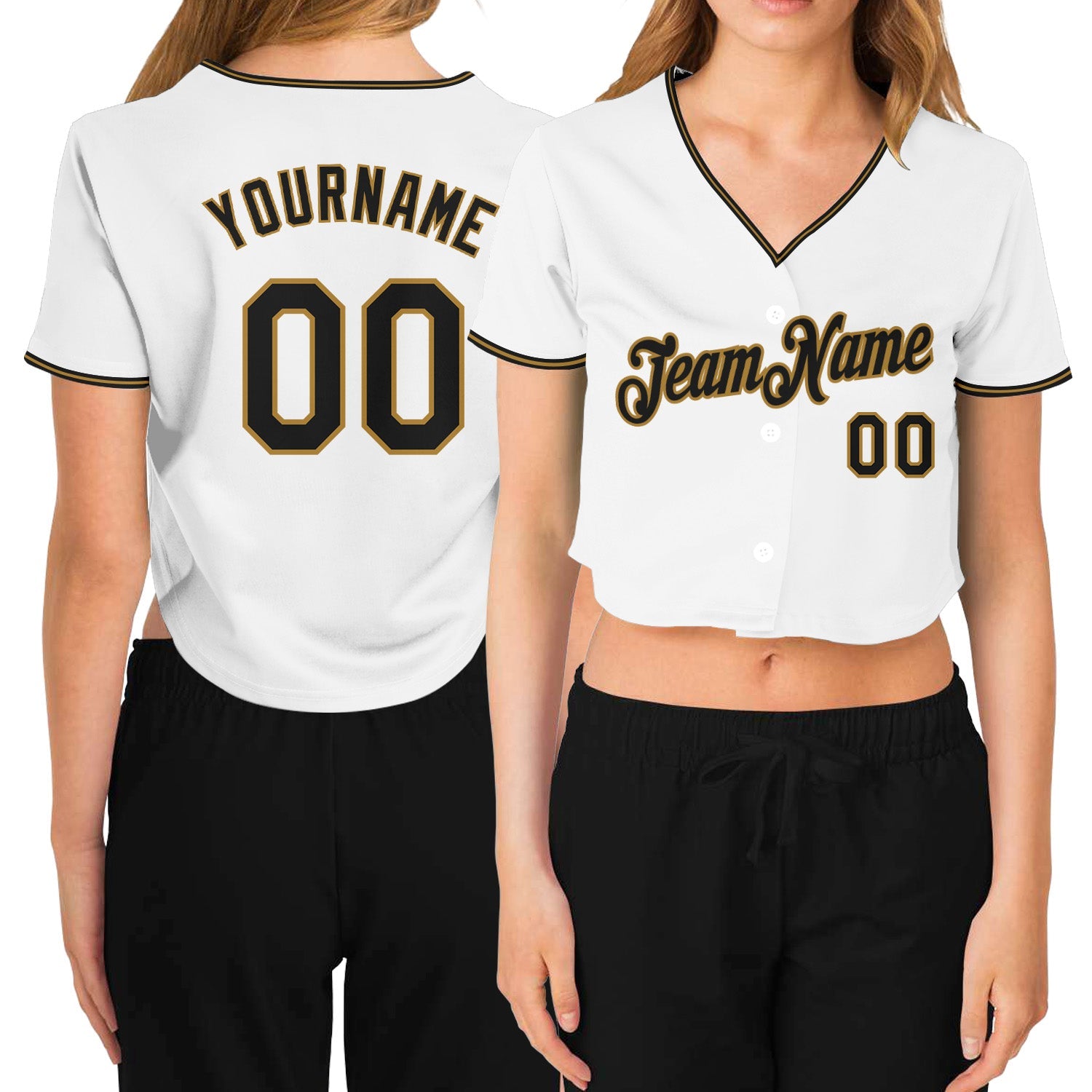 Custom Women's White Black-Old Gold V-Neck Cropped Baseball Jersey - Main View