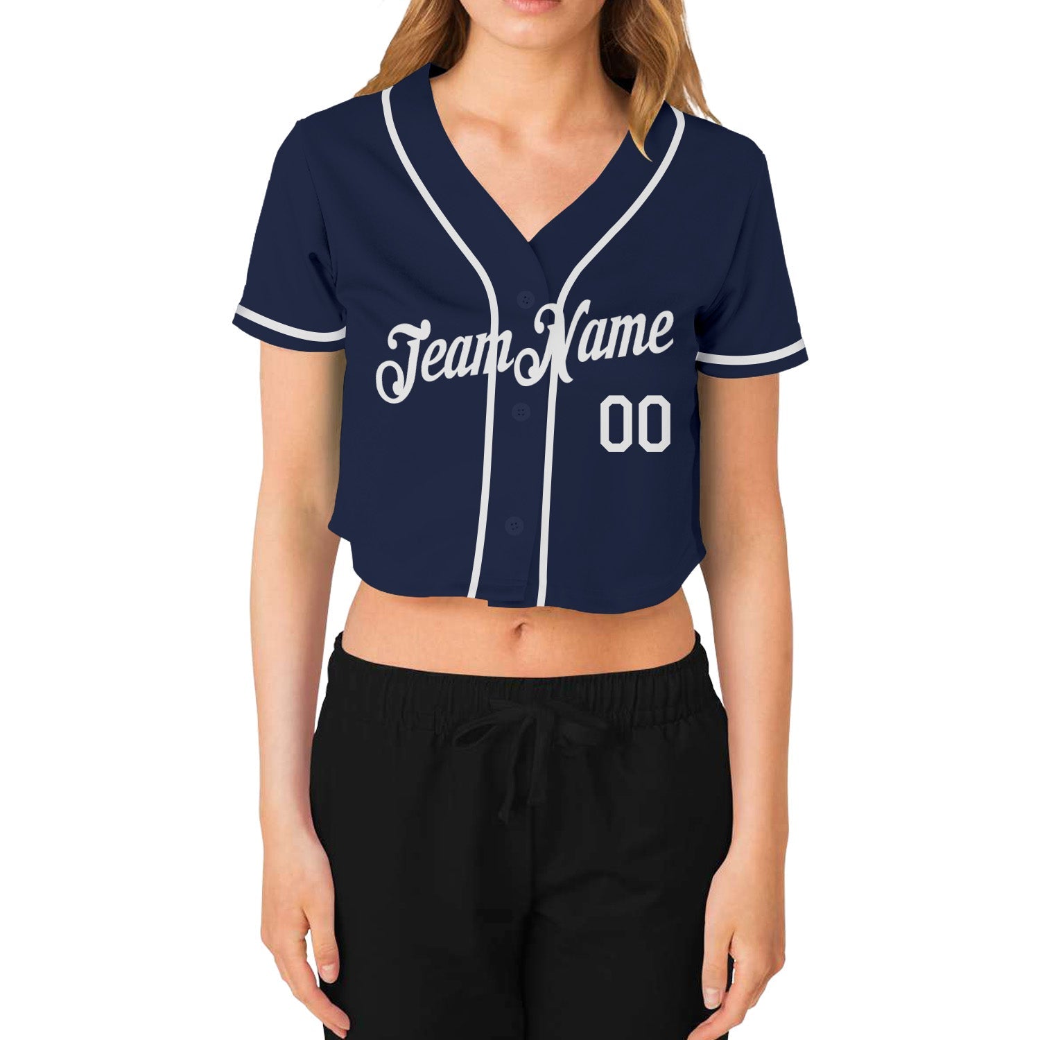 Custom Women's Navy White V-Neck Cropped Baseball Jersey view 2