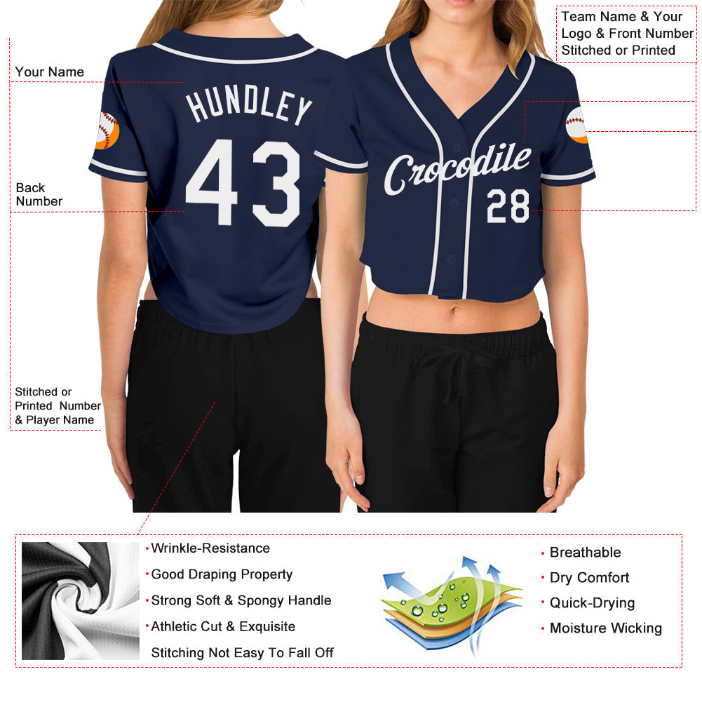 Custom Women's Navy White V-Neck Cropped Baseball Jersey view 3
