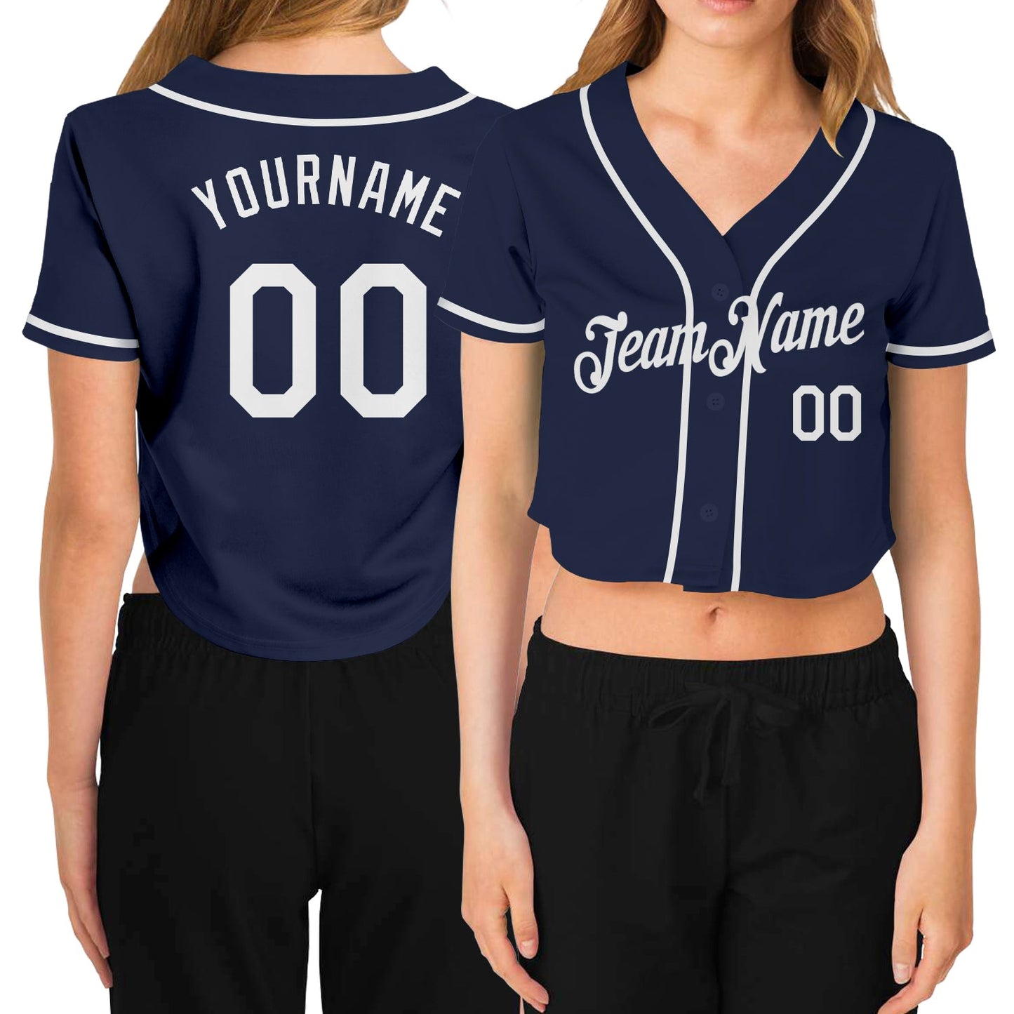 Custom Women's Navy White V-Neck Cropped Baseball Jersey - Main View