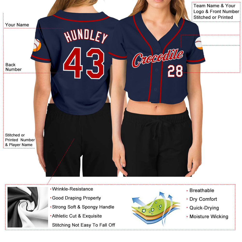 Custom Women's Navy Red-White V-Neck Cropped Baseball Jersey view 3