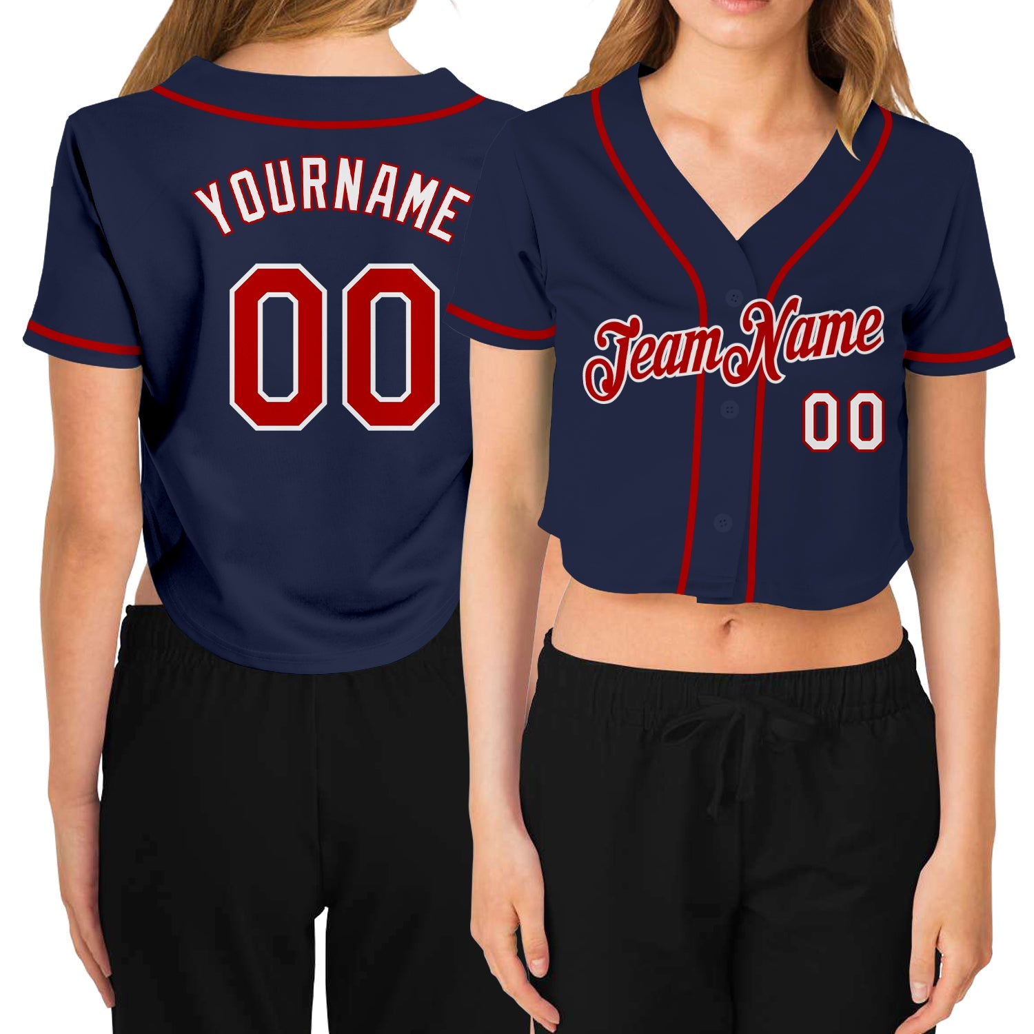 Custom Women's Navy Red-White V-Neck Cropped Baseball Jersey - Main View