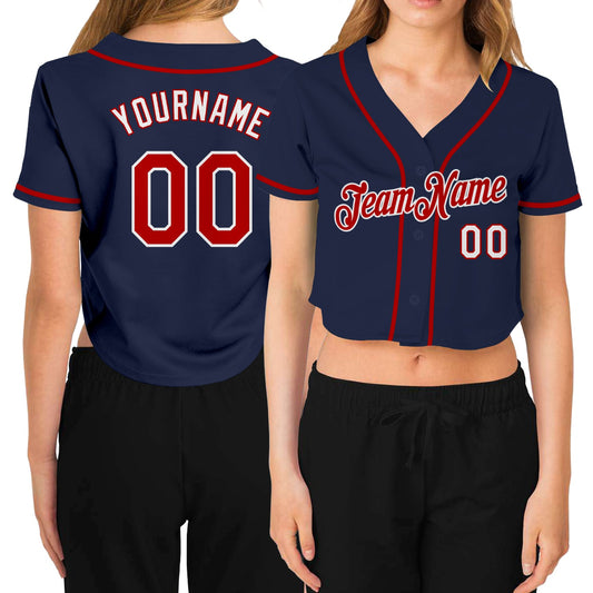 Custom Women's Navy Red-White V-Neck Cropped Baseball Jersey - Main View