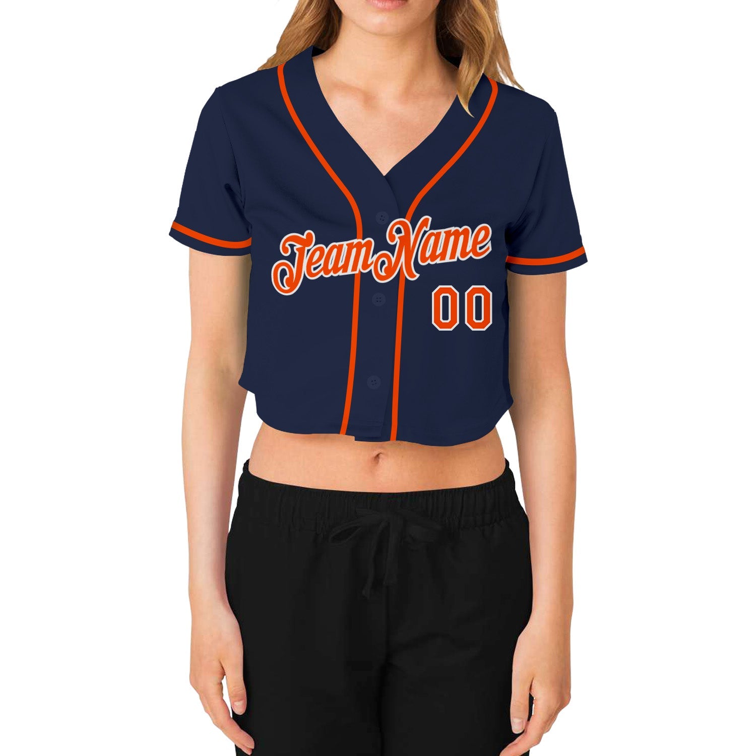 Custom Women's Navy Orange-White V-Neck Cropped Baseball Jersey view 2