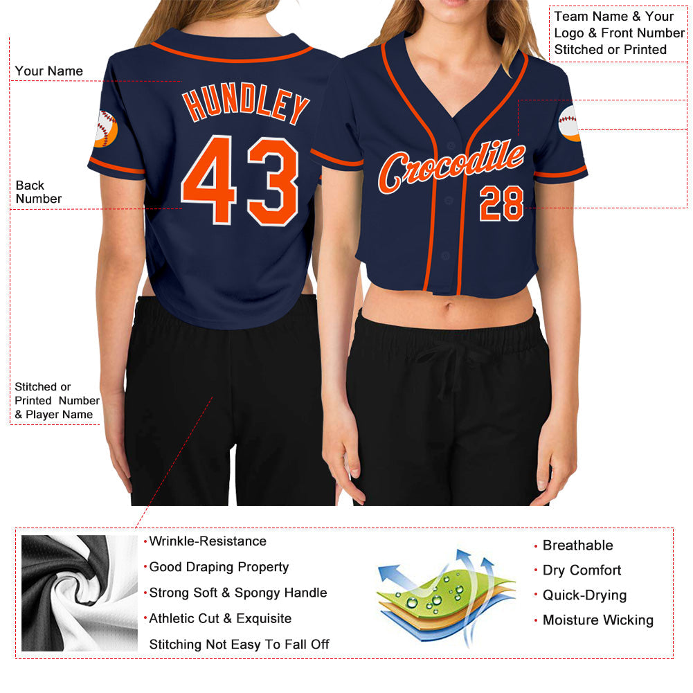 Custom Women's Navy Orange-White V-Neck Cropped Baseball Jersey view 3