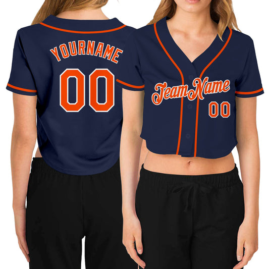 Custom Women's Navy Orange-White V-Neck Cropped Baseball Jersey - Main View