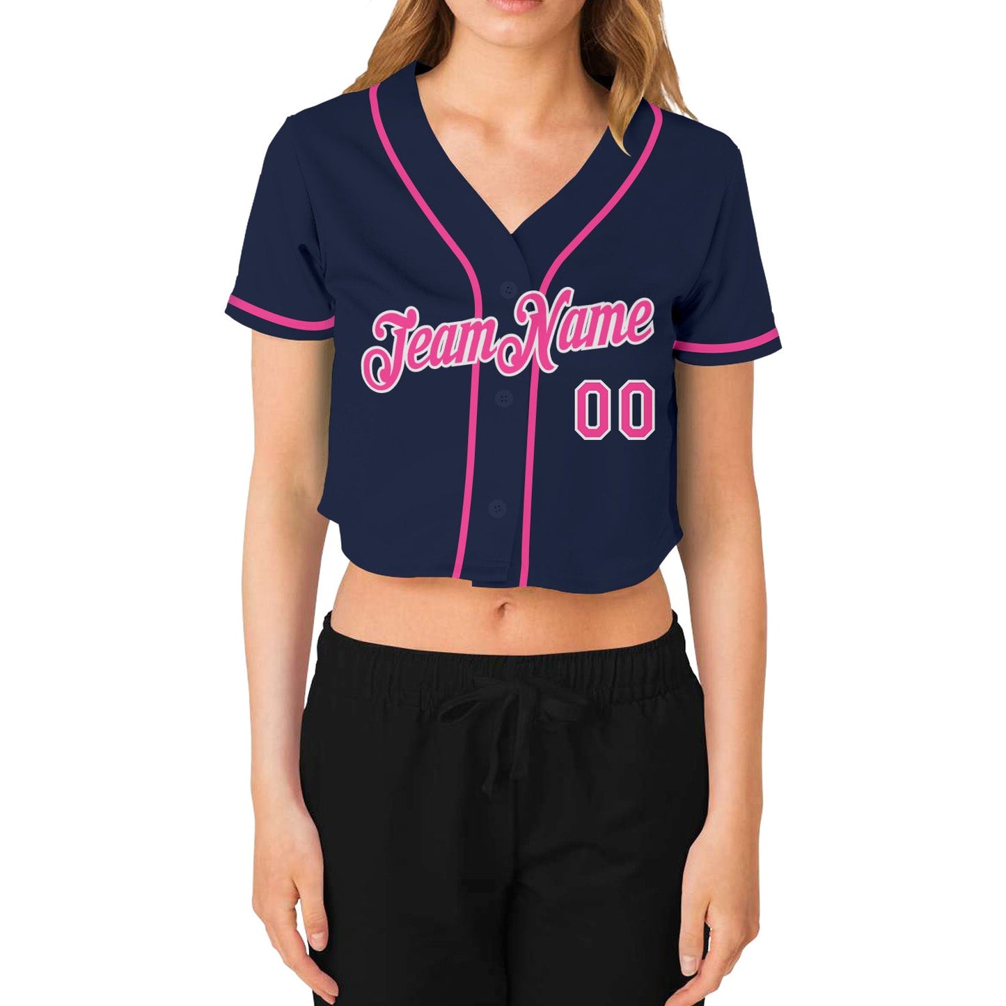 Custom Women's Navy Pink-White V-Neck Cropped Baseball Jersey view 2