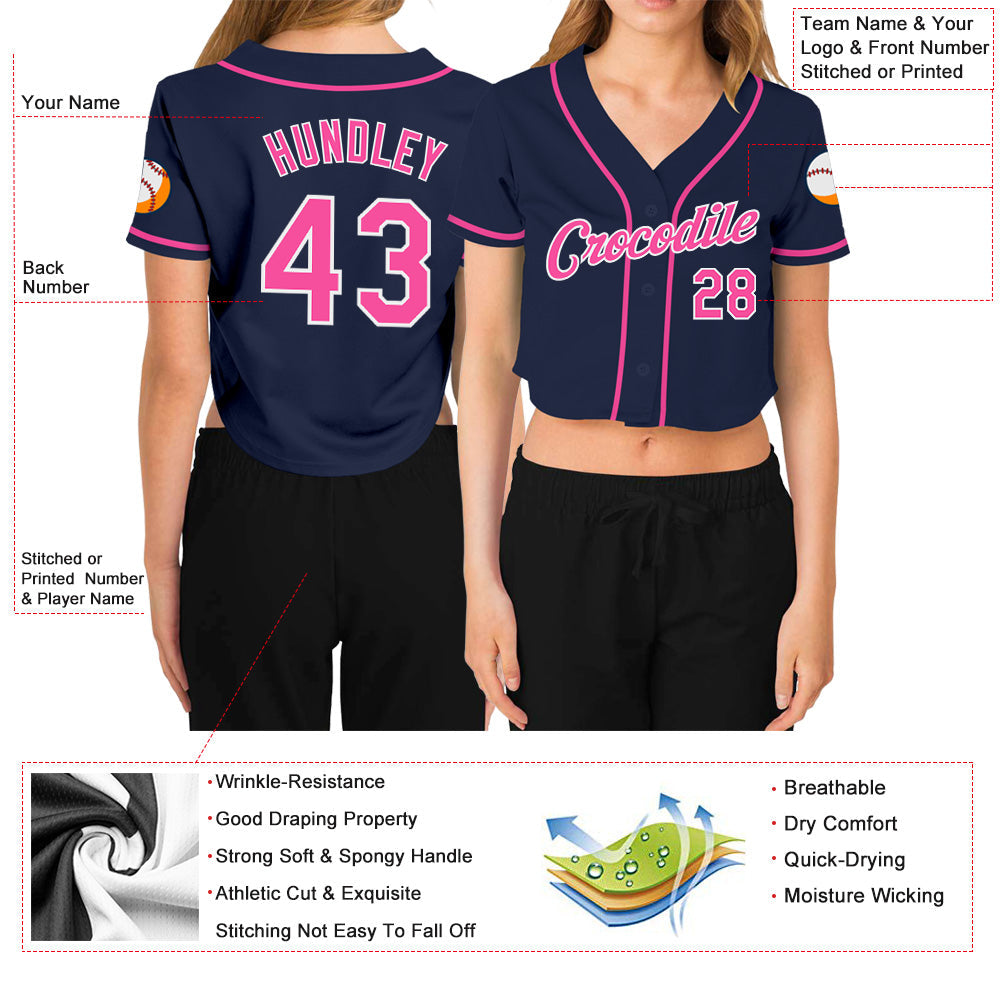 Custom Women's Navy Pink-White V-Neck Cropped Baseball Jersey view 3