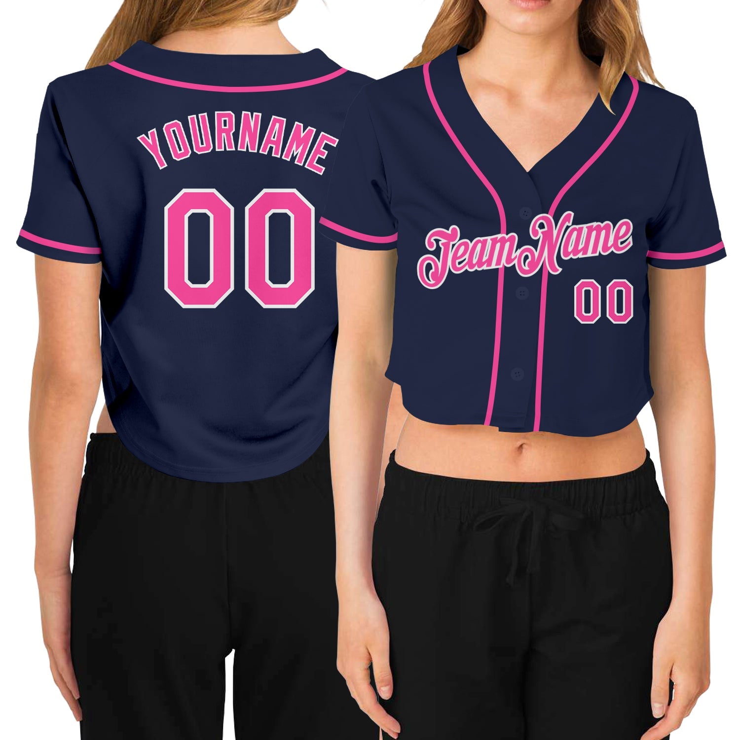 Custom Women's Navy Pink-White V-Neck Cropped Baseball Jersey - Main View