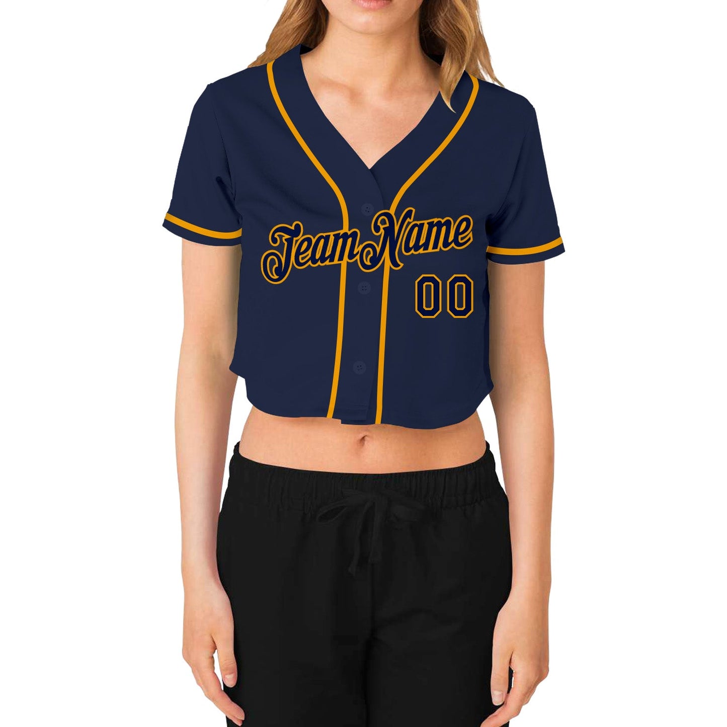 Custom Women's Navy Navy-Gold V-Neck Cropped Baseball Jersey view 2