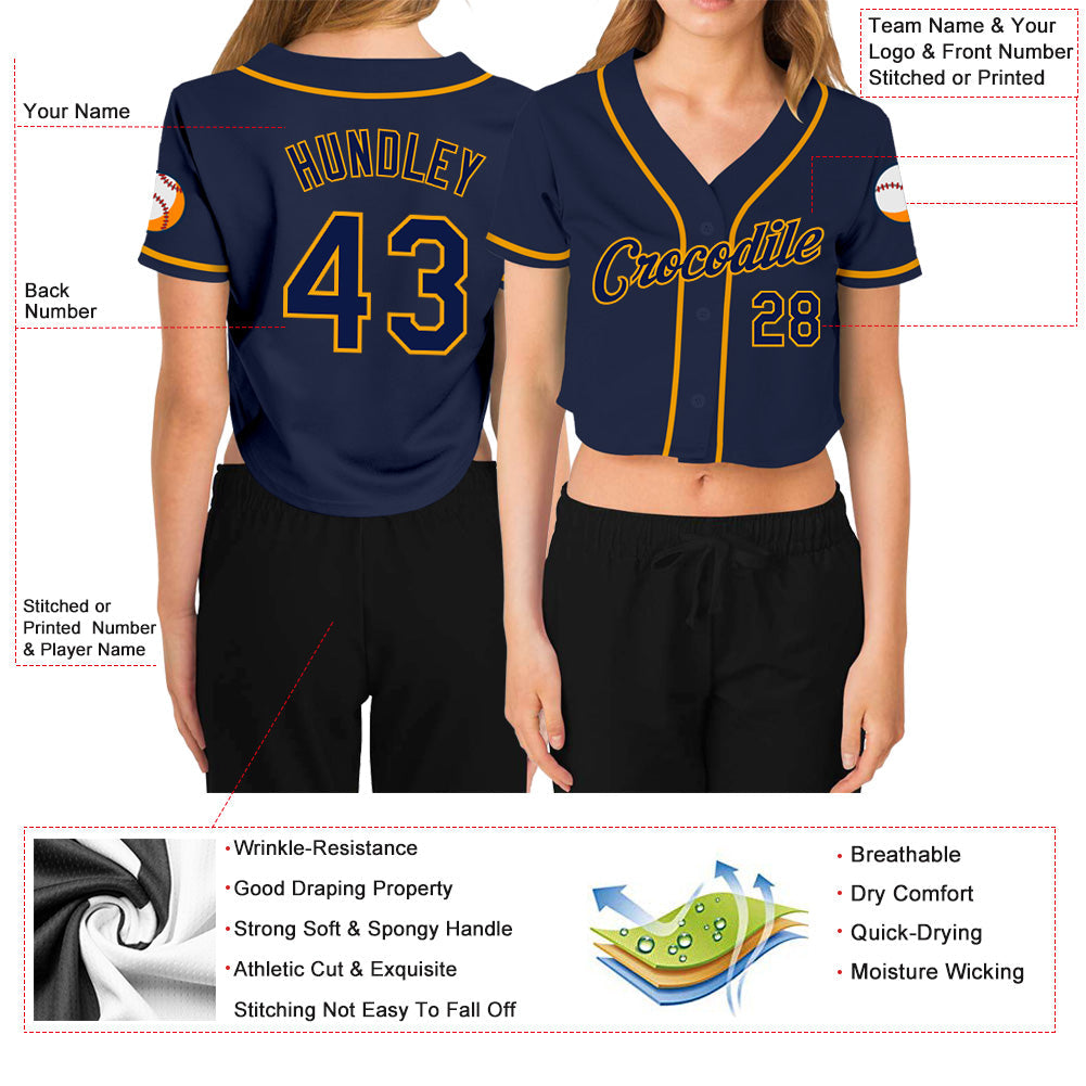 Custom Women's Navy Navy-Gold V-Neck Cropped Baseball Jersey view 3