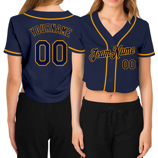 Custom Women's Navy Navy-Gold V-Neck Cropped Baseball Jersey - Main View