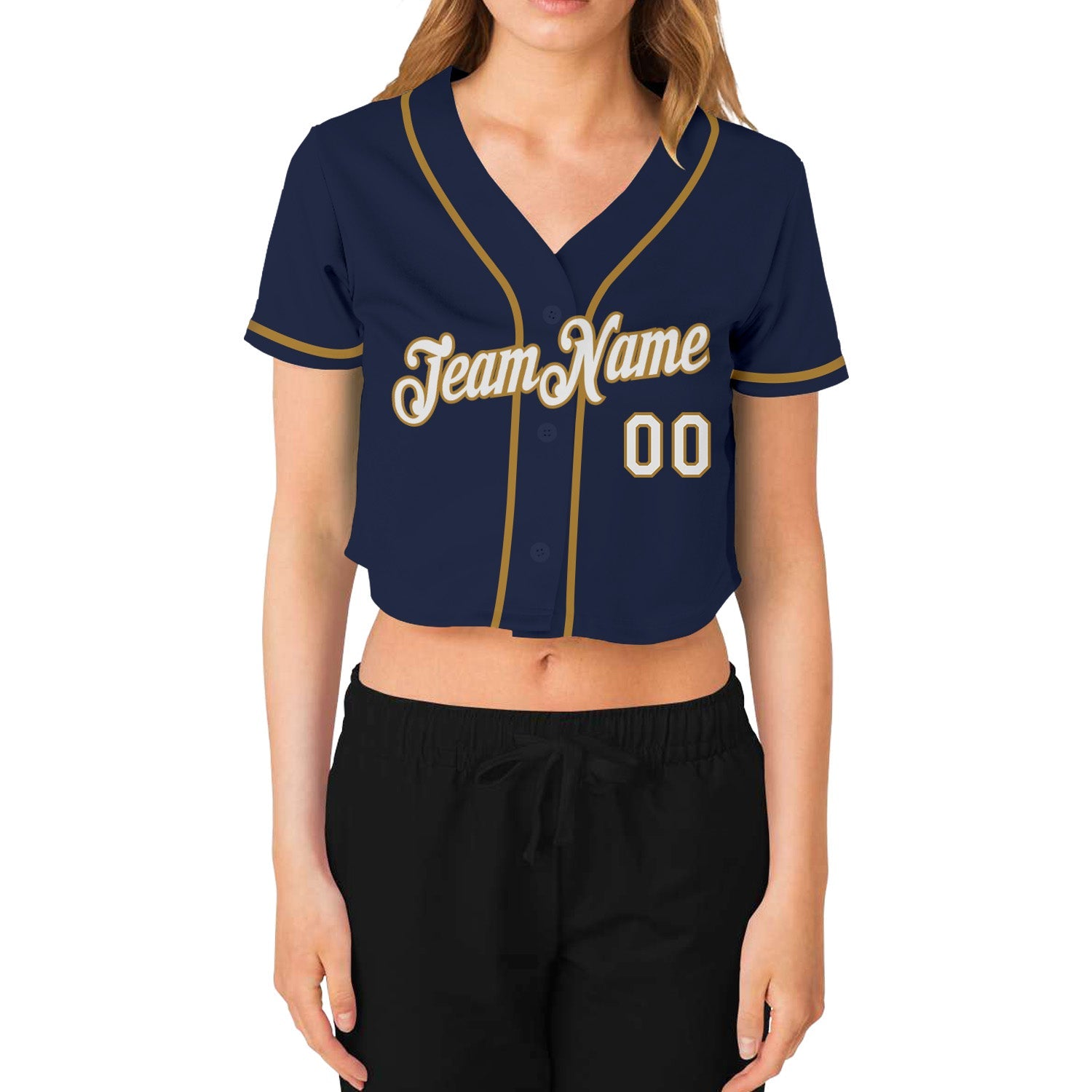 Custom Women's Navy White-Old Gold V-Neck Cropped Baseball Jersey view 2