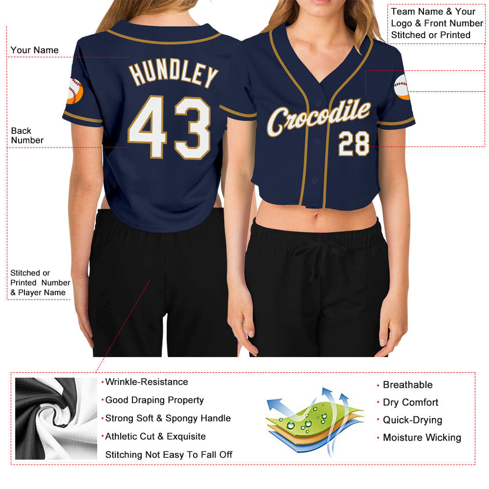 Custom Women's Navy White-Old Gold V-Neck Cropped Baseball Jersey view 3