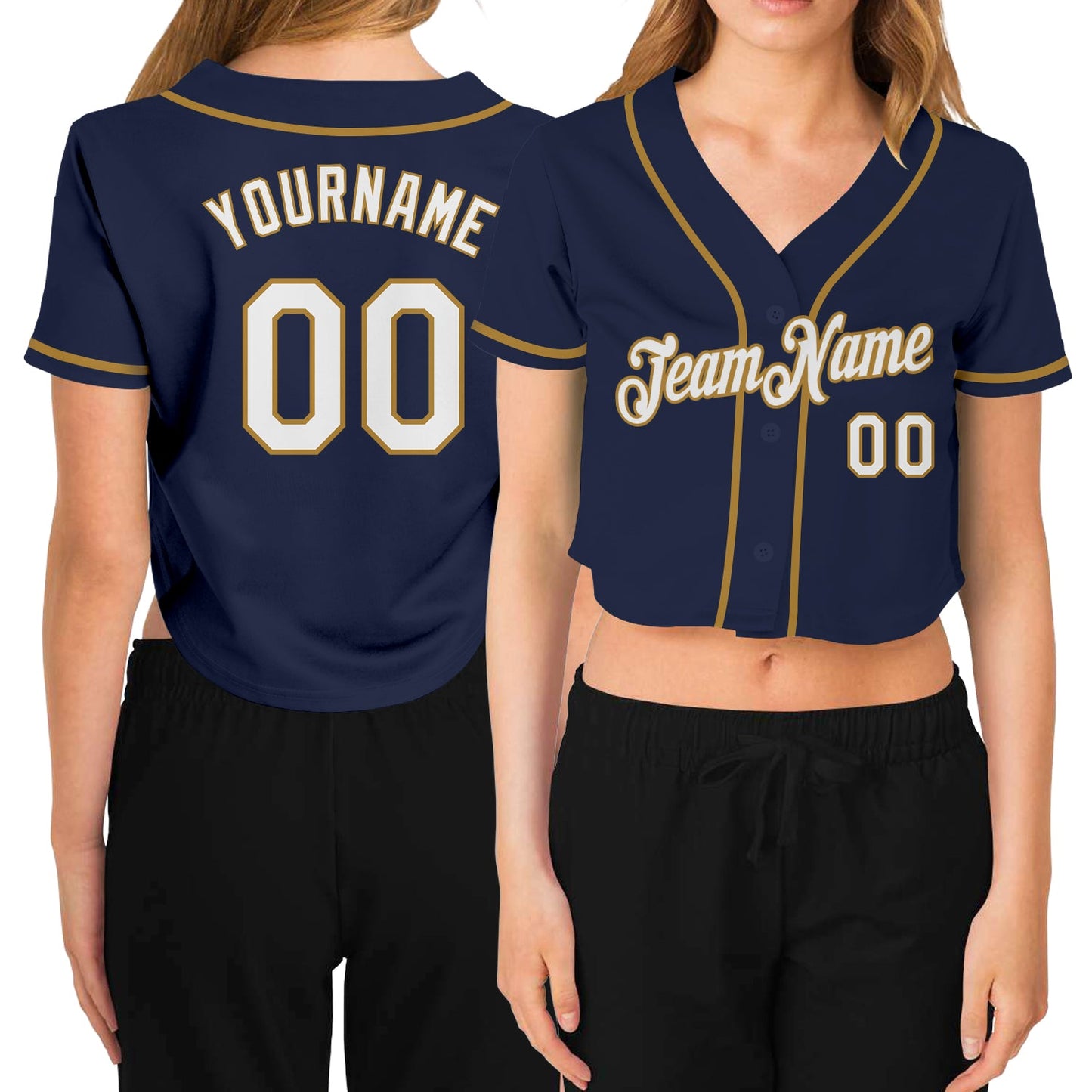 Custom Women's Navy White-Old Gold V-Neck Cropped Baseball Jersey - Main View