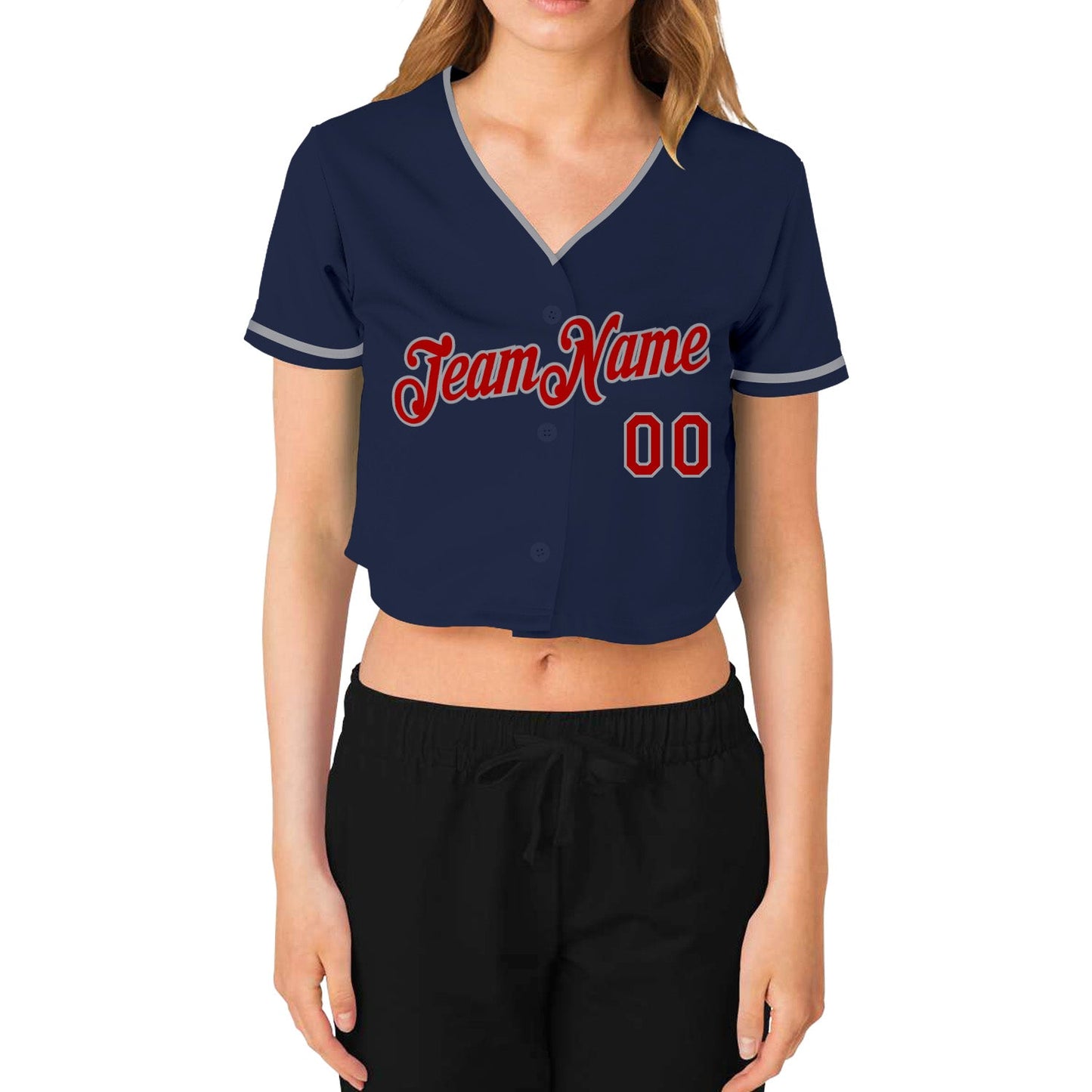 Custom Women's Navy Red-Gray V-Neck Cropped Baseball Jersey view 2