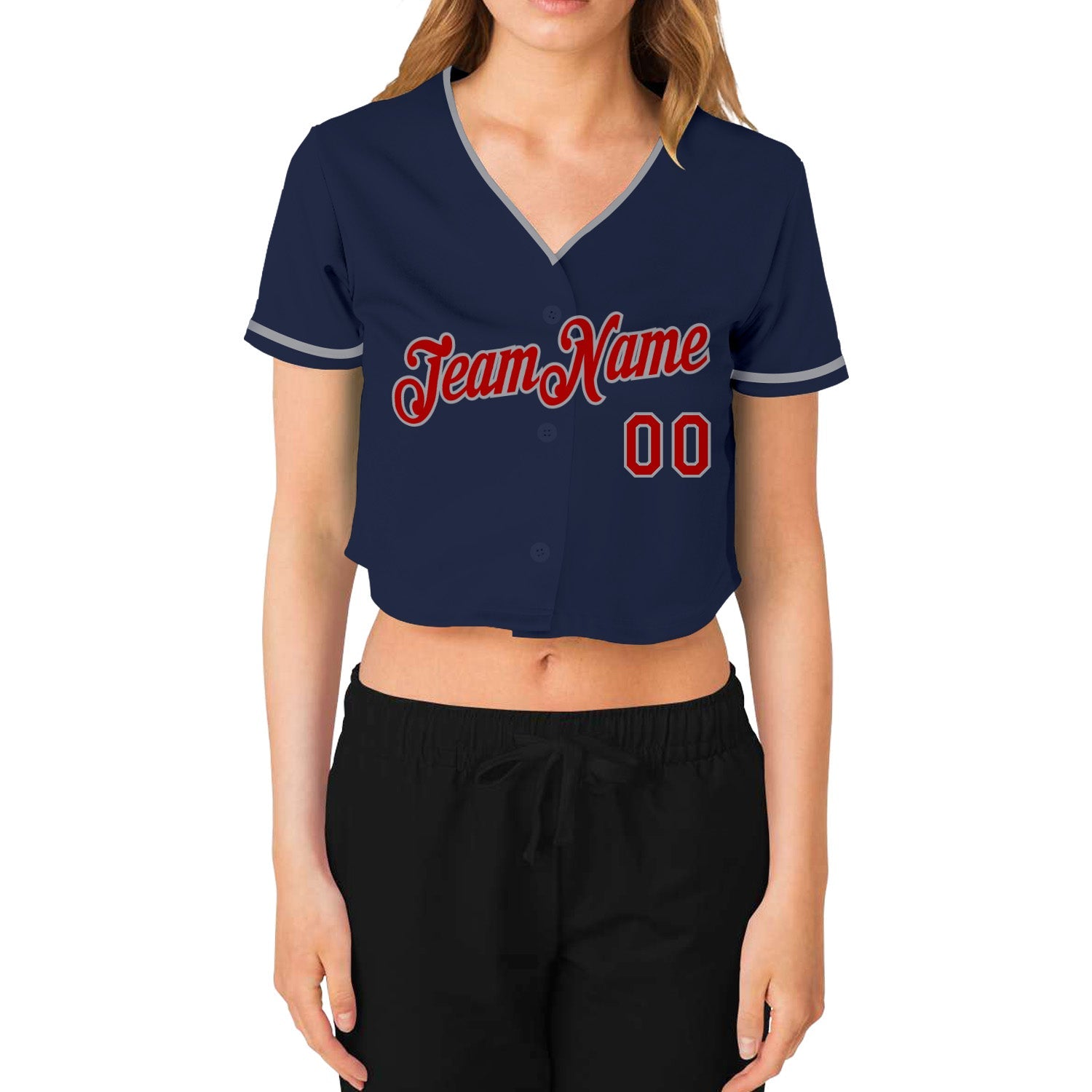 Custom Women's Navy Red-Gray V-Neck Cropped Baseball Jersey view 2