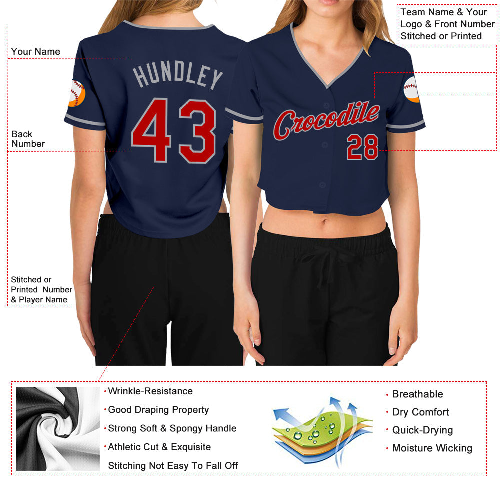 Custom Women's Navy Red-Gray V-Neck Cropped Baseball Jersey view 3