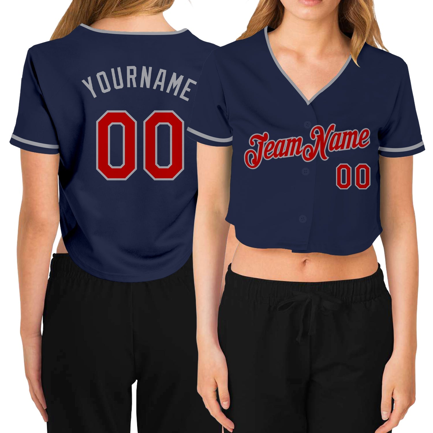 Custom Women's Navy Red-Gray V-Neck Cropped Baseball Jersey - Main View