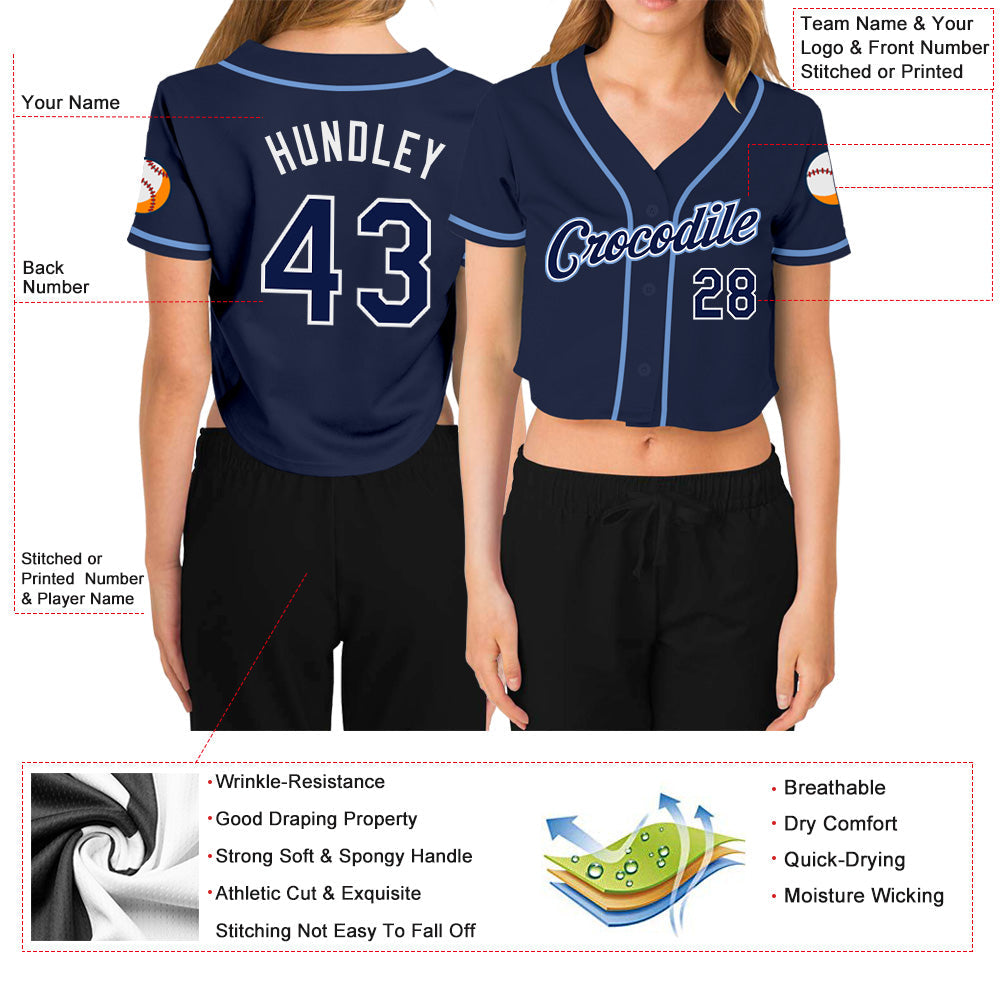 Custom Women's Navy Navy-White V-Neck Cropped Baseball Jersey view 3