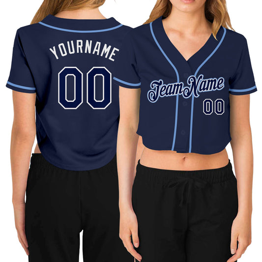Custom Women's Navy Navy-White V-Neck Cropped Baseball Jersey - Main View
