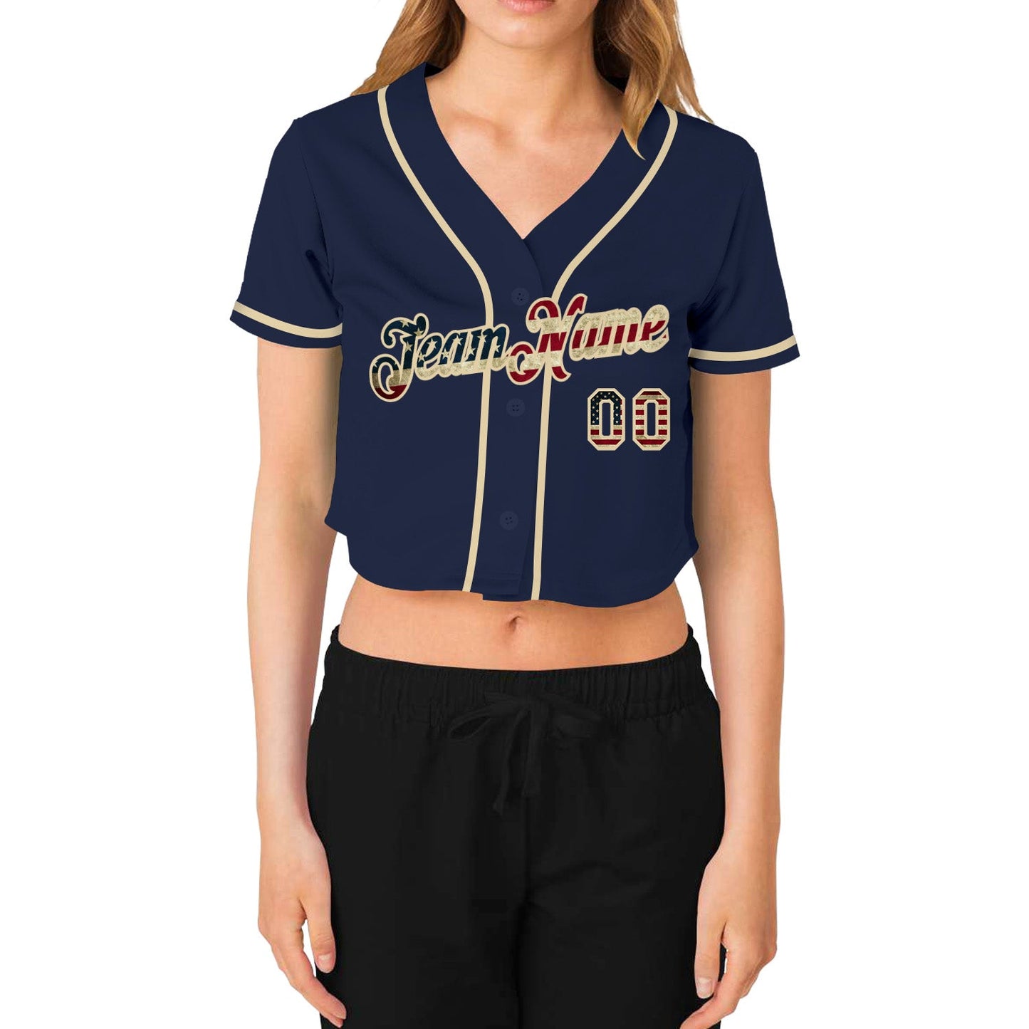 Custom Women's Navy Vintage USA Flag-Cream V-Neck Cropped Baseball Jersey view 2