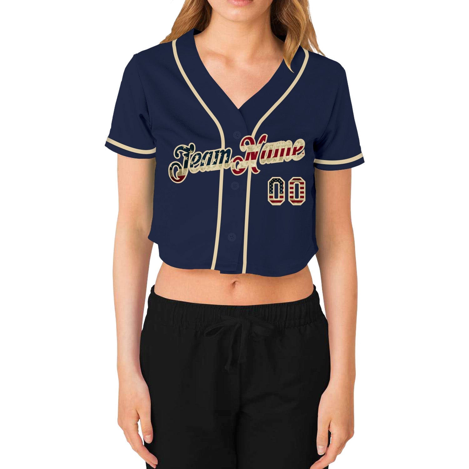 Custom Women's Navy Vintage USA Flag-Cream V-Neck Cropped Baseball Jersey view 2